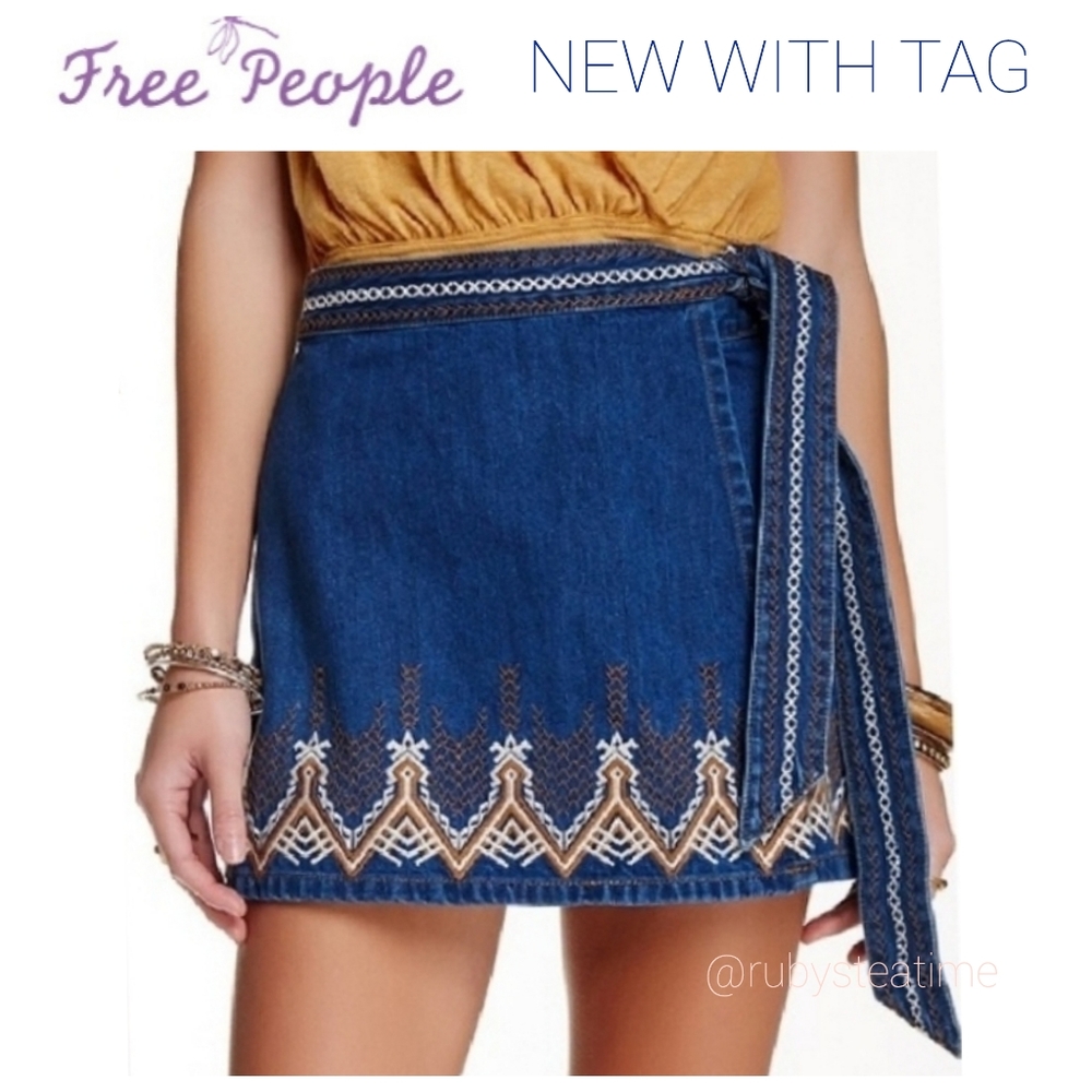 FREE PEOPLE Denim Wrap Tie Skirt, Aztec Boho Embroidery, Hendrix Skirt, NWT